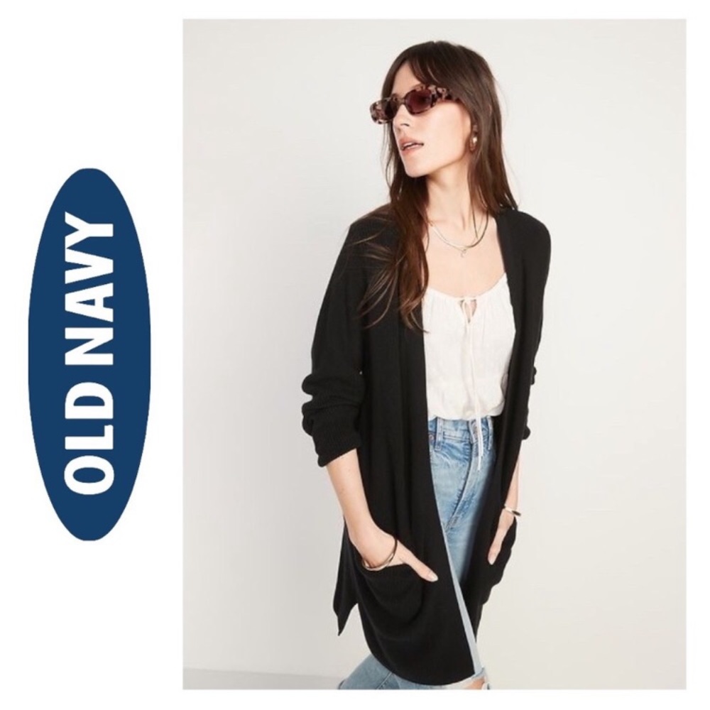 🆕 Old Navy • Textured Shaker-Stitch Long-Line Open-Front Sweater in Black Jack